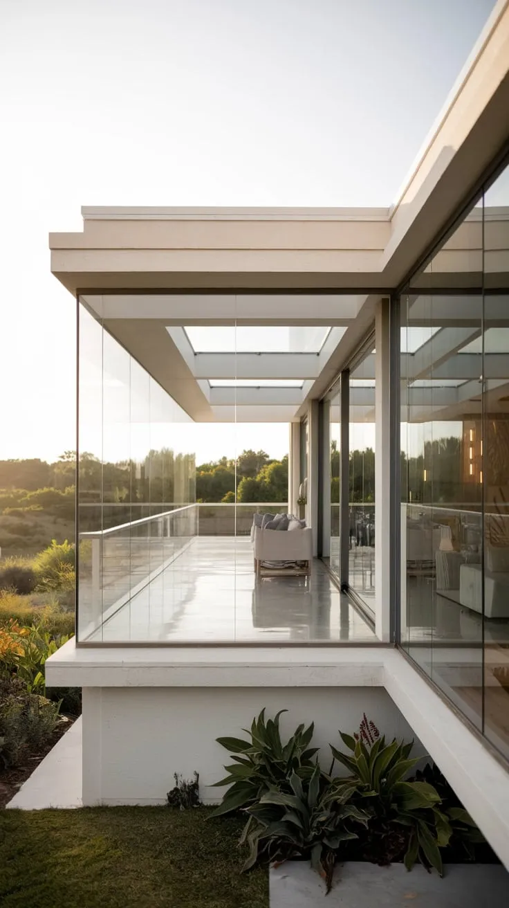 You see a minimalist home, bathed in soft light, its glass balcony and white railing framing a tranquil view of the surrounding landscape