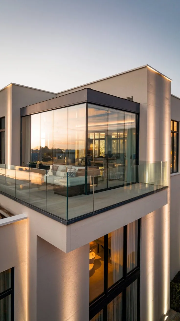 A clean-lined building, gently lit, reveals a glass balcony offering panoramic surroundings from your vantage point