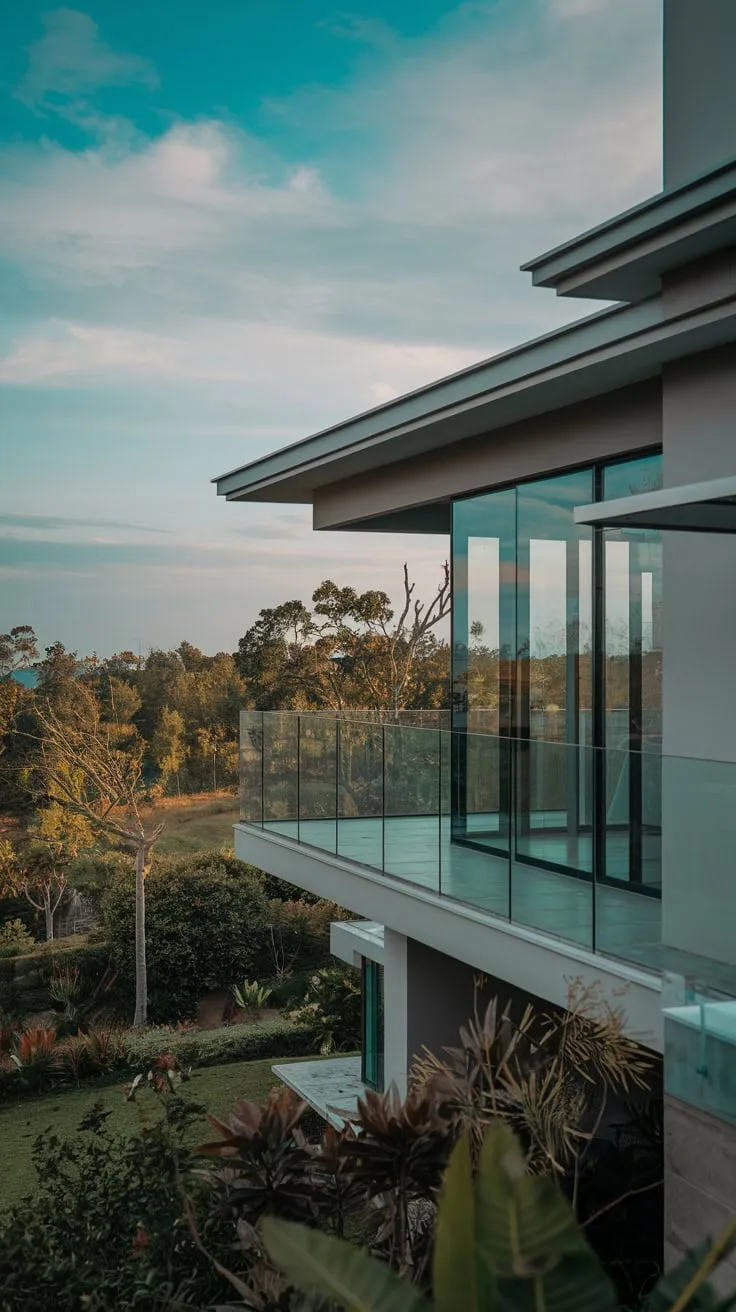 From your glass balcony, a tranquil scene unfolds: lush greenery stretching to a blue sky, all softly lit, framing your minimalist white and grey home