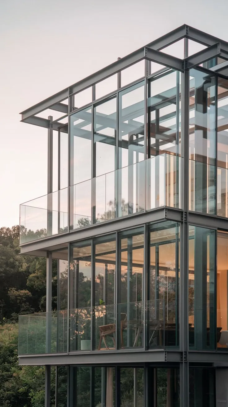 Lush greenery frames your stunning glass-and-steel home, its second-story balcony a perfect vantage point bathed in soft light