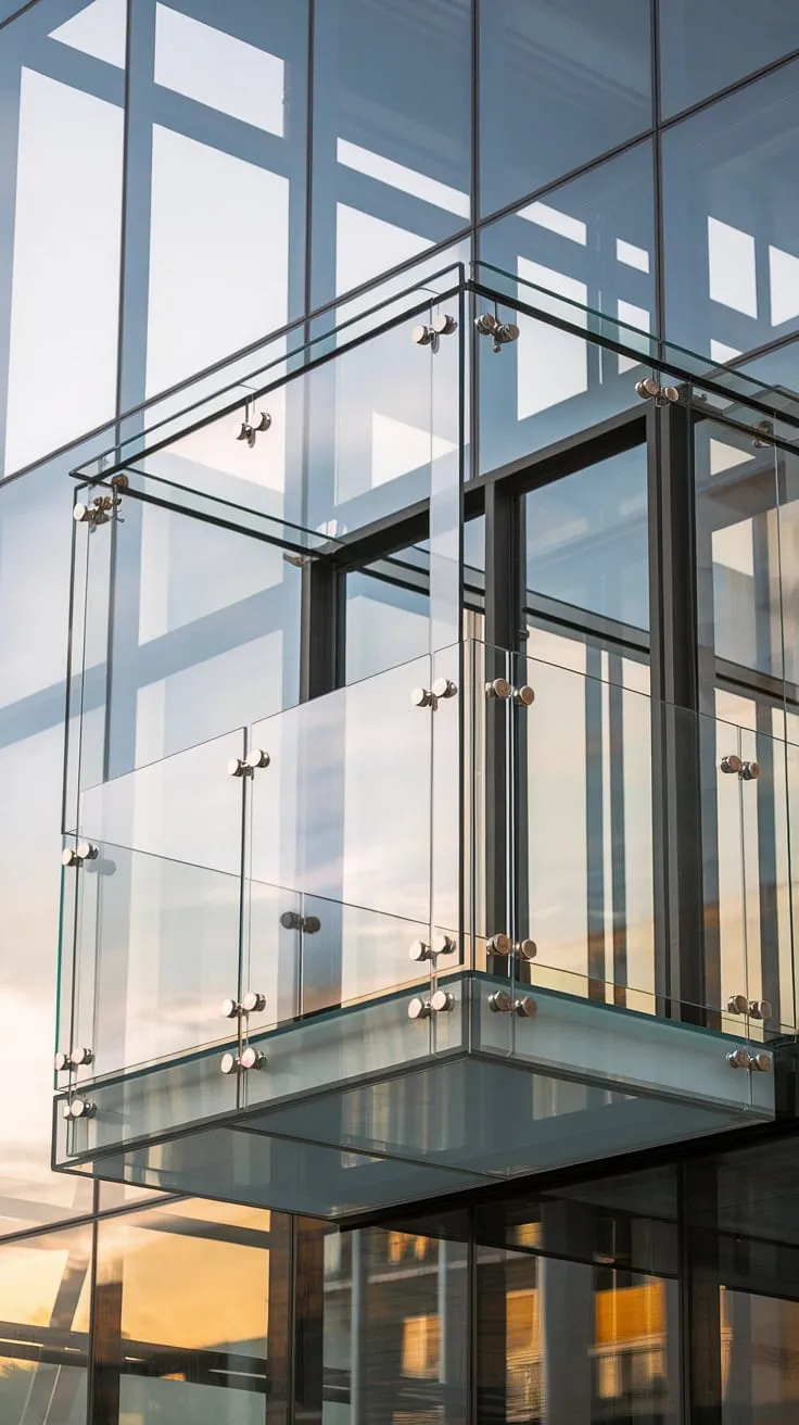 Experience urban living redefined with this stunning tempered glass balcony.  The modern balcony glass design features a seamless glass railing, glass partitions, and a balcony glass wall, all crafted from high-quality safety glass for balconies.  The frameless glass balcony and glass balustrade create an airy, open feel, while the glass enclosure provides privacy and protection. This balcony glass design is the epitome of modern glass design, showcasing the beauty and functionality of glass fencing.