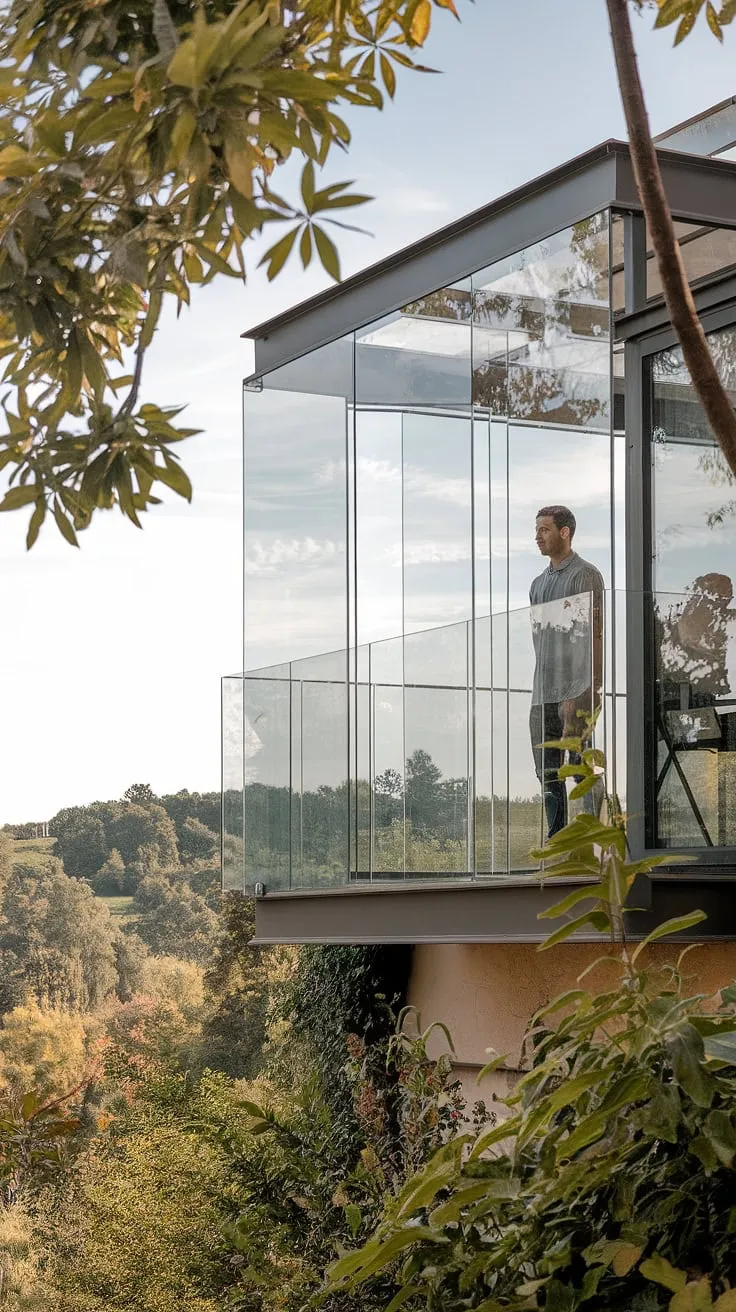 Elevated living redefined. This modern balcony glass design, featuring a frameless glass balcony and sleek glass railing, offers breathtaking views and unparalleled safety thanks to the tempered glass balcony and robust glass balustrade.  The transparent glass panels and glass partitions create a seamless transition between indoor and outdoor spaces, showcasing the stunning landscape beyond.  This glass enclosure is a testament to modern glass design, utilizing safety glass for balconies and a sophisticated outdoor glass railing.