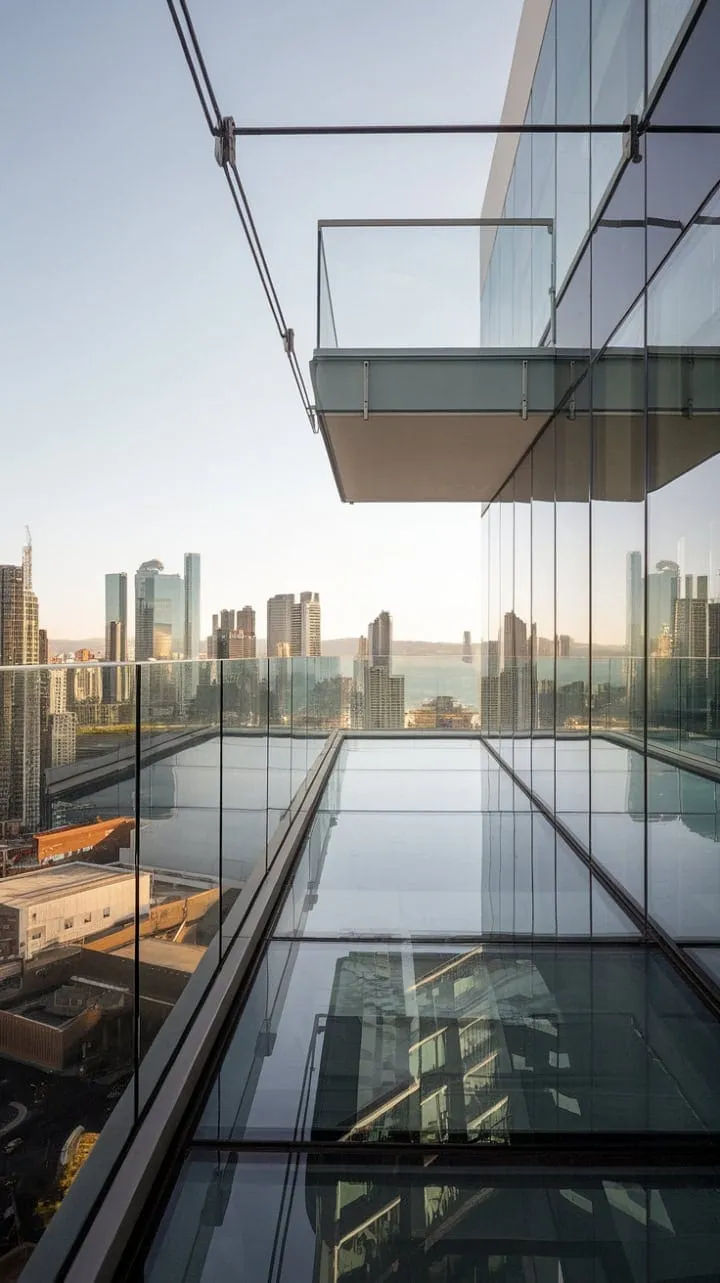 Soar above the city on a stunning balcony with frameless glass railings and a transparent floor, offering a breathtaking and exhilarating perspective of urban beauty.
