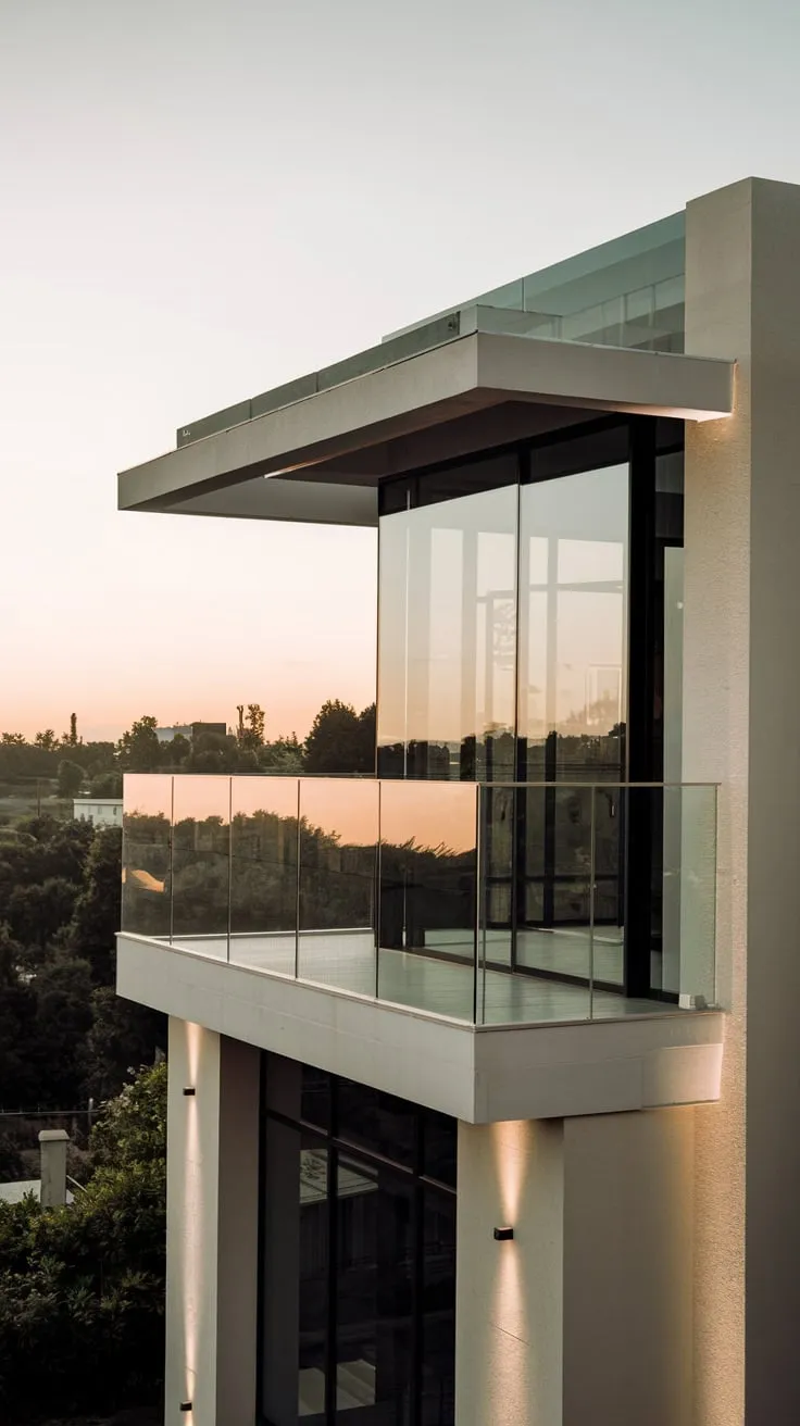 Soft light illuminates your minimalist home's glass balcony, offering a panoramic view of the serene landscape below