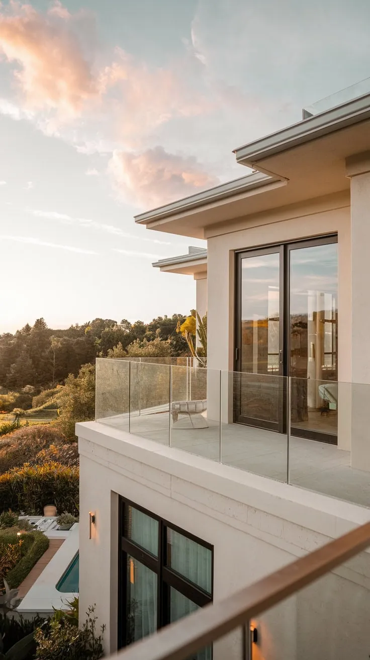 From your high vantage point, the soft glow illuminates your sleek home and the stunning view beyond your glass balcony