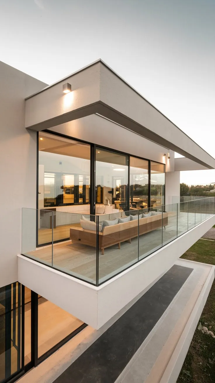 From your vantage point, a pristine white and wood house with a glass balcony offering panoramic views is bathed in the gentle glow of interior lighting
