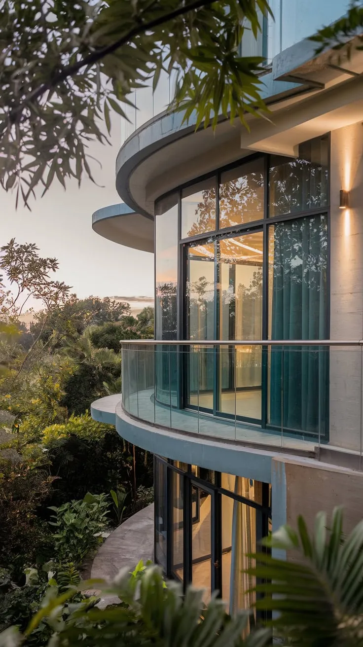 Embrace tranquility in a uniquely designed haven, featuring a luminous glass balcony surrounded by lush greenery and serene views