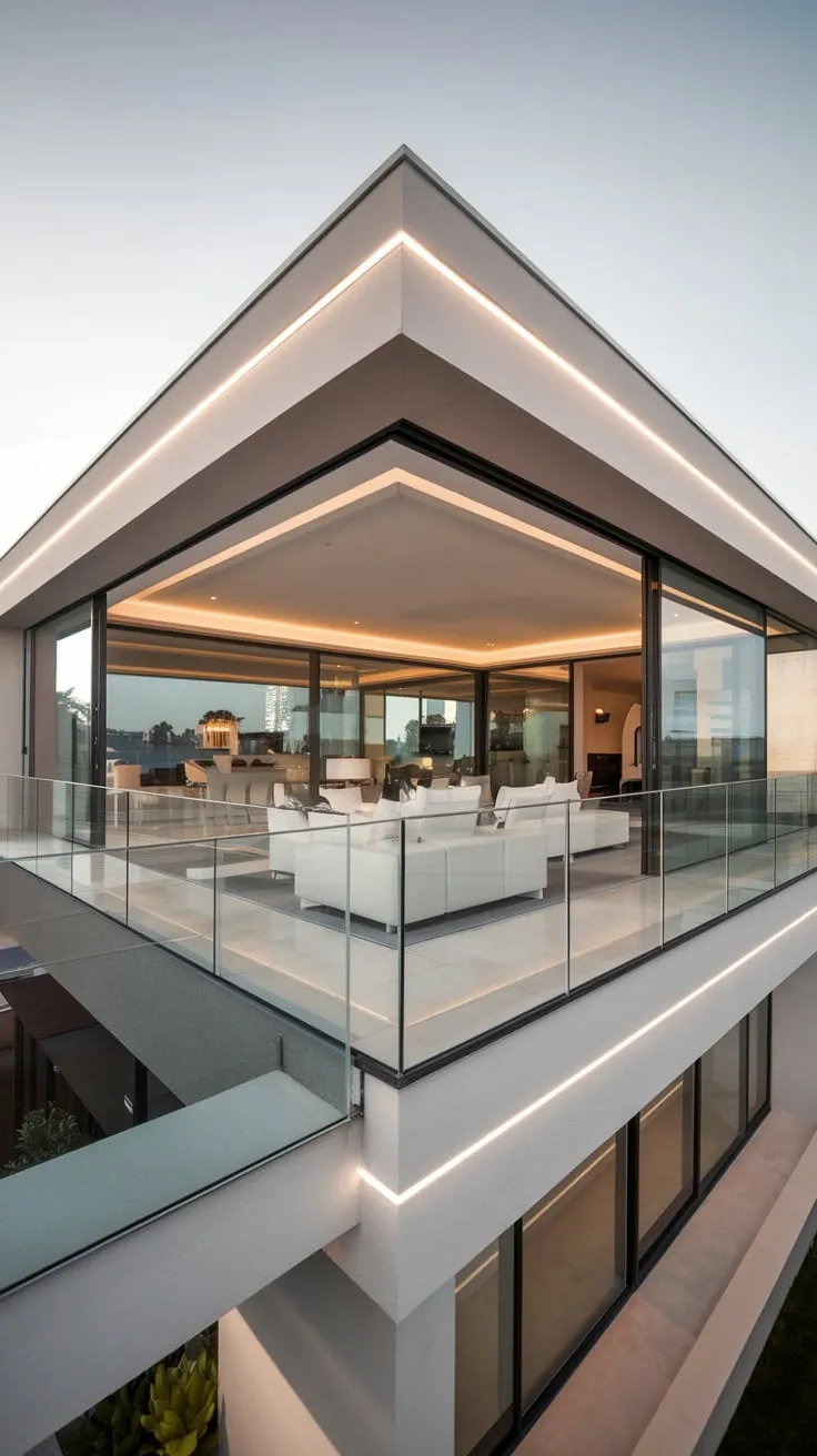A pristine white and grey house, bathed in soft light, showcases a glass balcony offering a breathtaking view from your vantage point above