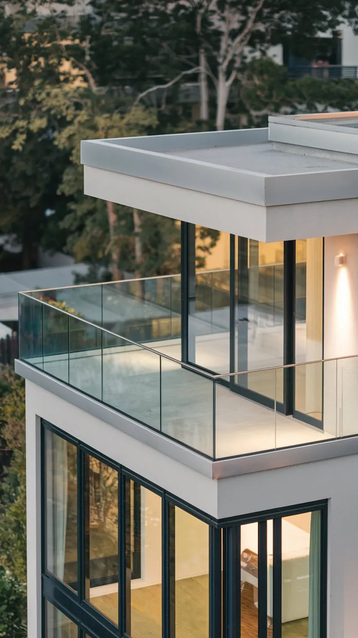 Its clean lines and wraparound glass balcony showcase a stunning vista of city and nature, illuminated from within