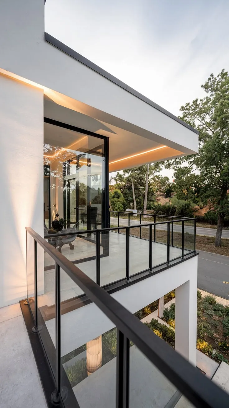 A high-angle view reveals a stark white home, its glass balcony edged with black, showcasing a tranquil landscape beneath warm ground-level lighting