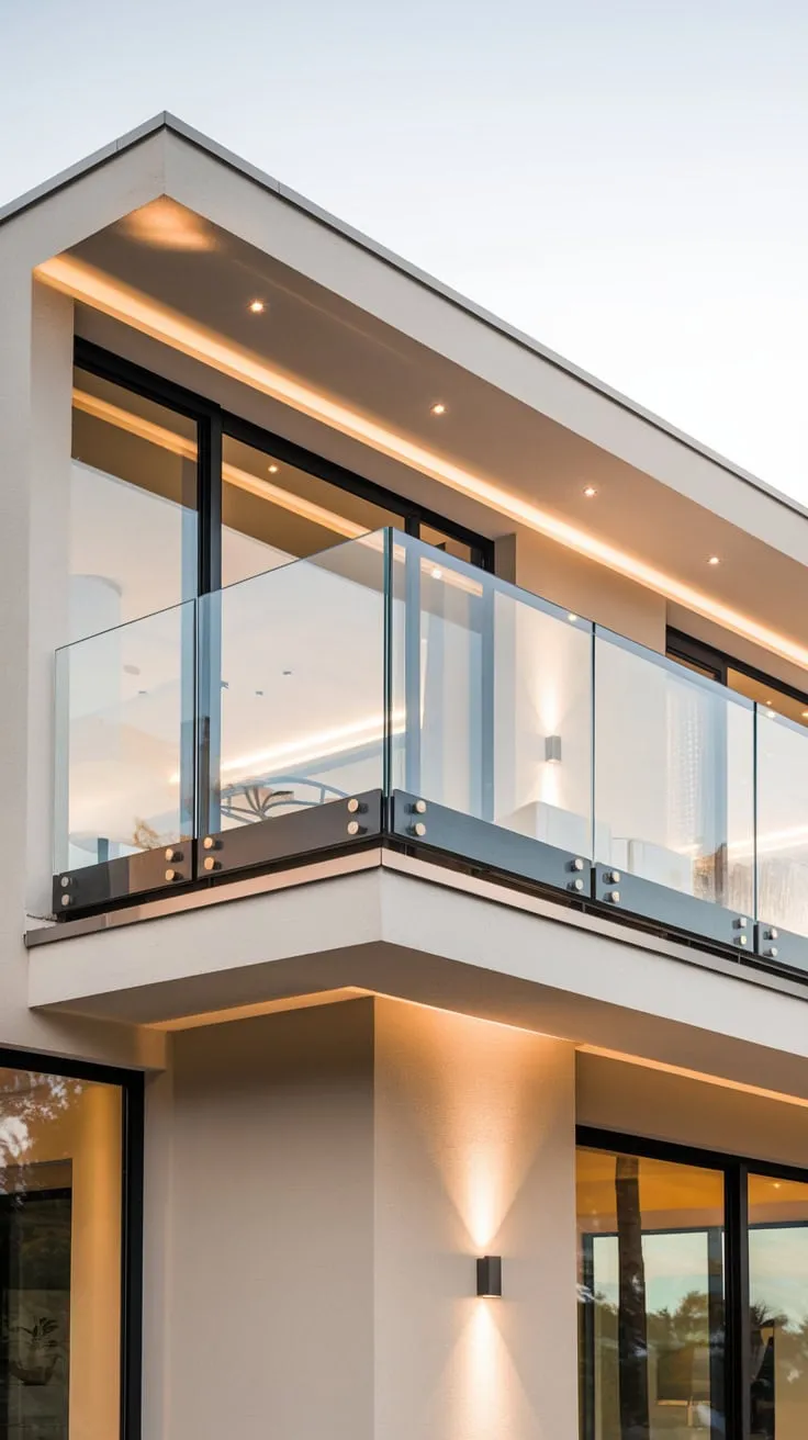 A neutral-toned house with clean lines and a glass balcony showcases a breathtaking view, bathed in gentle light