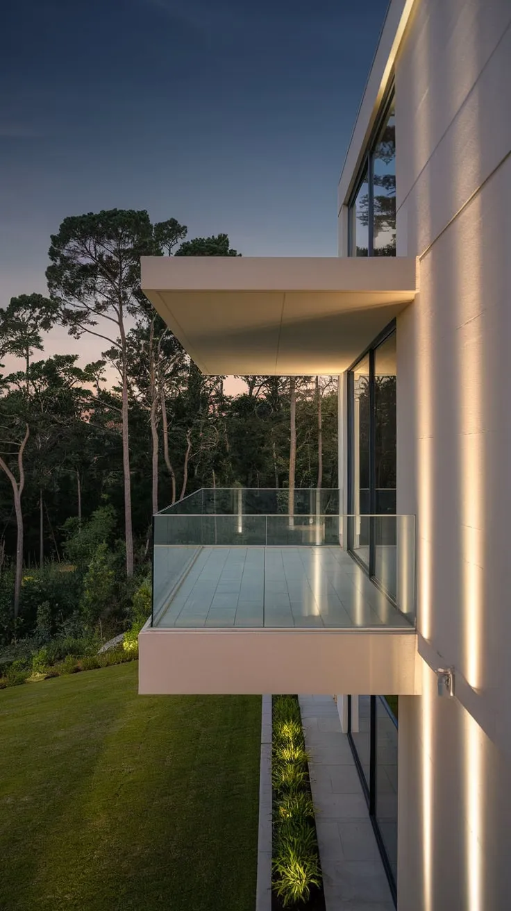 You gaze upon a tranquil scene of a minimalist home, its glass balcony overlooking a vibrant landscape