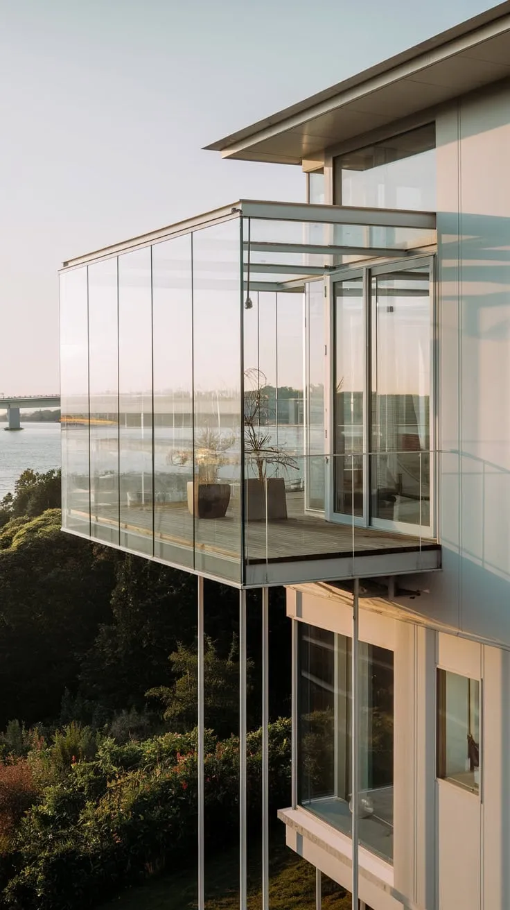 From your vantage point, a pristine white house with a glass balcony hanging gracefully over a tranquil body of water and bridge, supported by thin white pillars and adorned with potted plants, is a scene of serene beauty