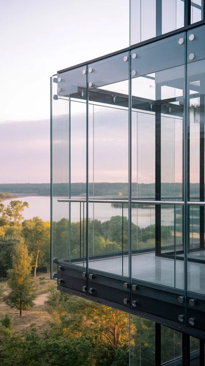 Enjoy breathtaking views of water and trees from a luxurious glass balcony that combines privacy with the serenity of nature.