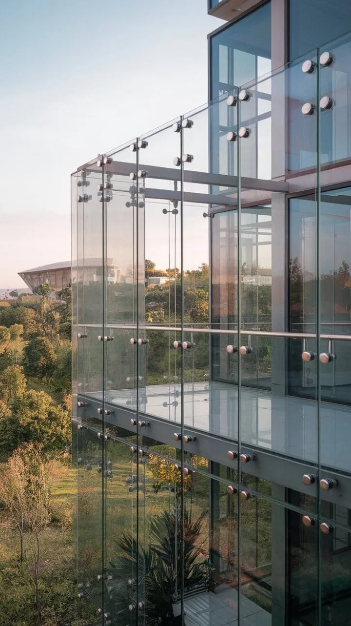 Suspended in mid-air, this frameless glass balcony seamlessly blends luxury with breathtaking views, creating a surreal connection to the vibrant landscape below.