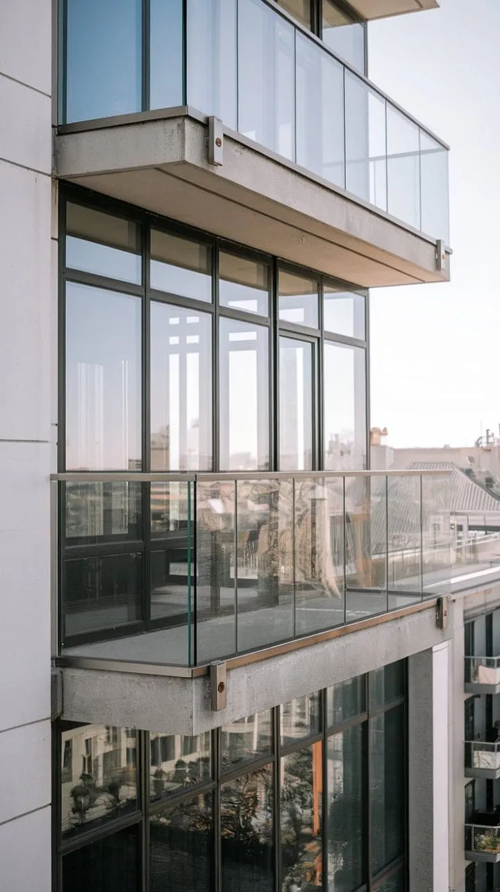 Experience urban tranquility like never before from this minimalist balcony, where sleek glass and concrete merge to offer breathtaking city views and a serene retreat.