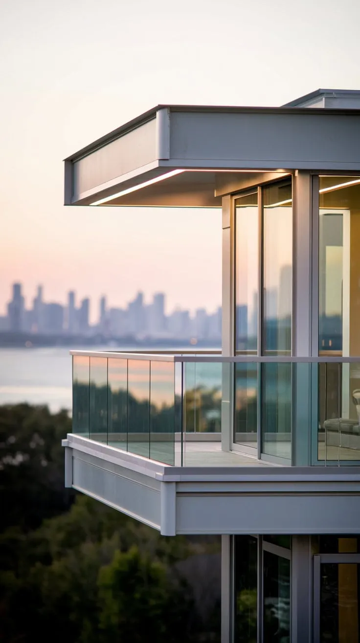 Bathed in soft light, the home's glass balcony offers you a breathtaking view of a hazy cityscape or serene waters
