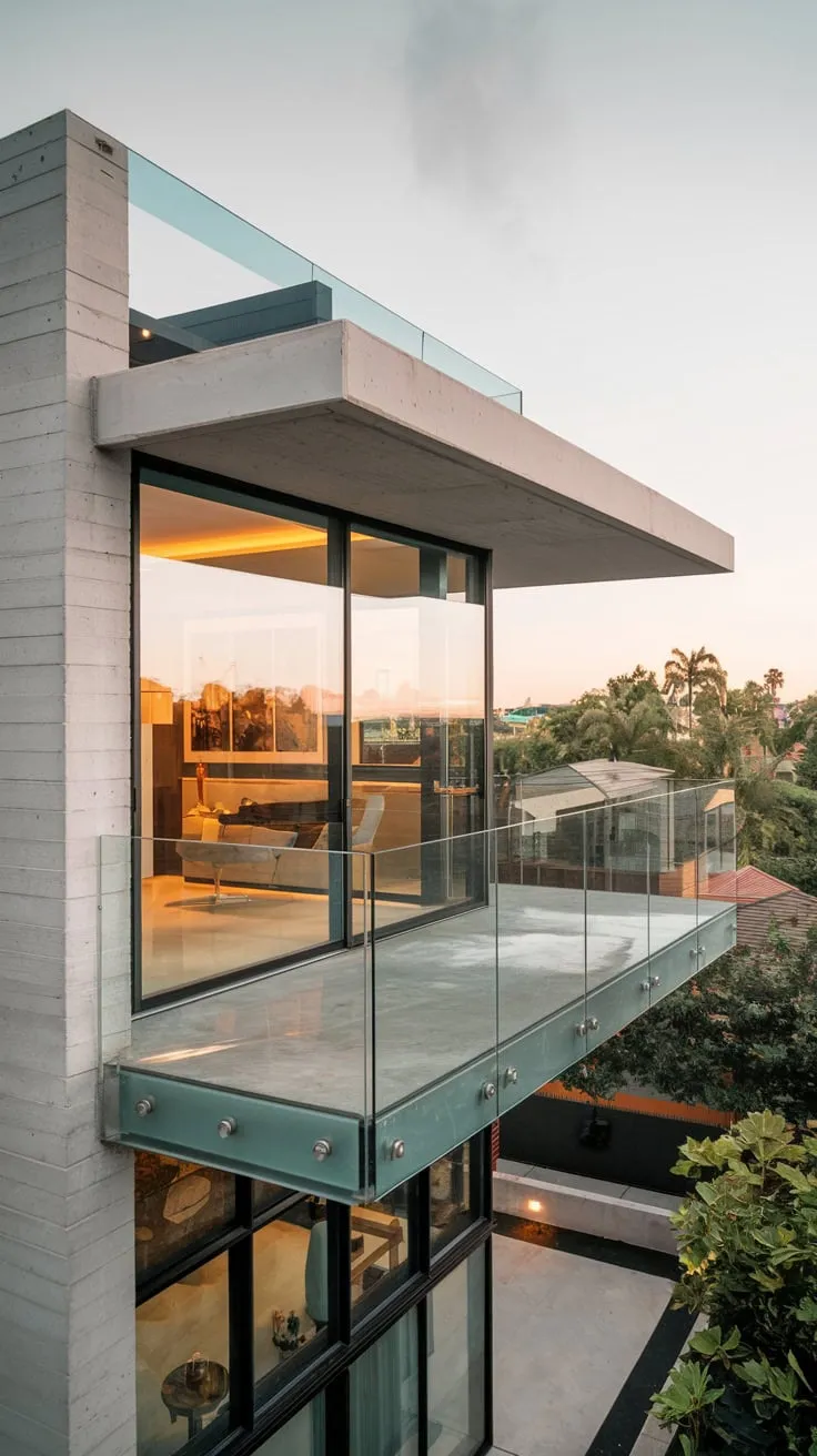 From above, you see a minimalist concrete and glass home, its softly lit interior glowing warmly against a backdrop of trees and city, a glass balcony seemingly suspended in mid-air