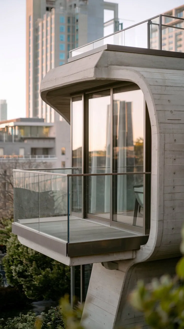 High above the city, a unique concrete structure's wooden glass balcony extends, offering a breathtaking view
