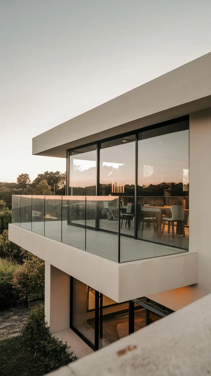 A minimalist home bathed in soft light reveals a stunning panorama from its high-perched glass balcony