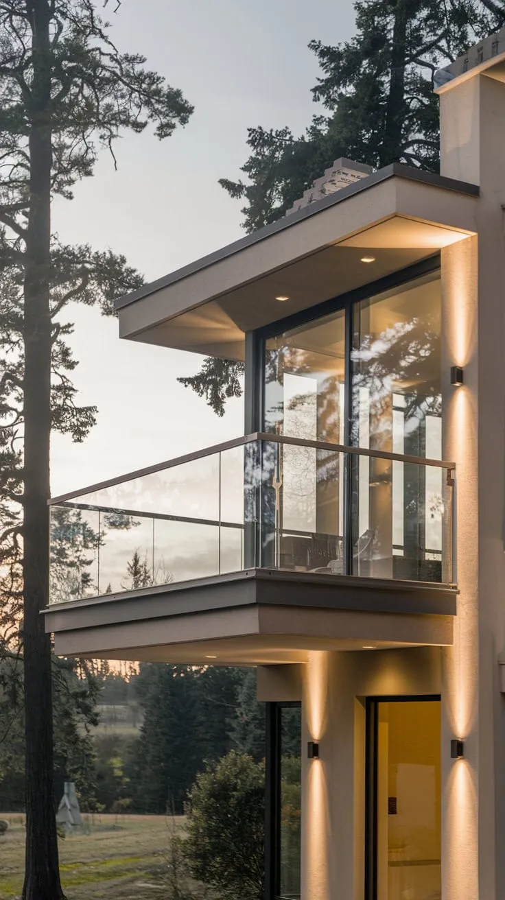Soft light illuminates your minimalist home's clean lines, its glass balcony offering a serene view of the surrounding trees and landscape