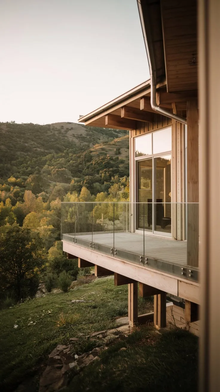 From your hilltop wood home, bathed in warm light, a glass balcony extends over a breathtaking view of a verdant valley below