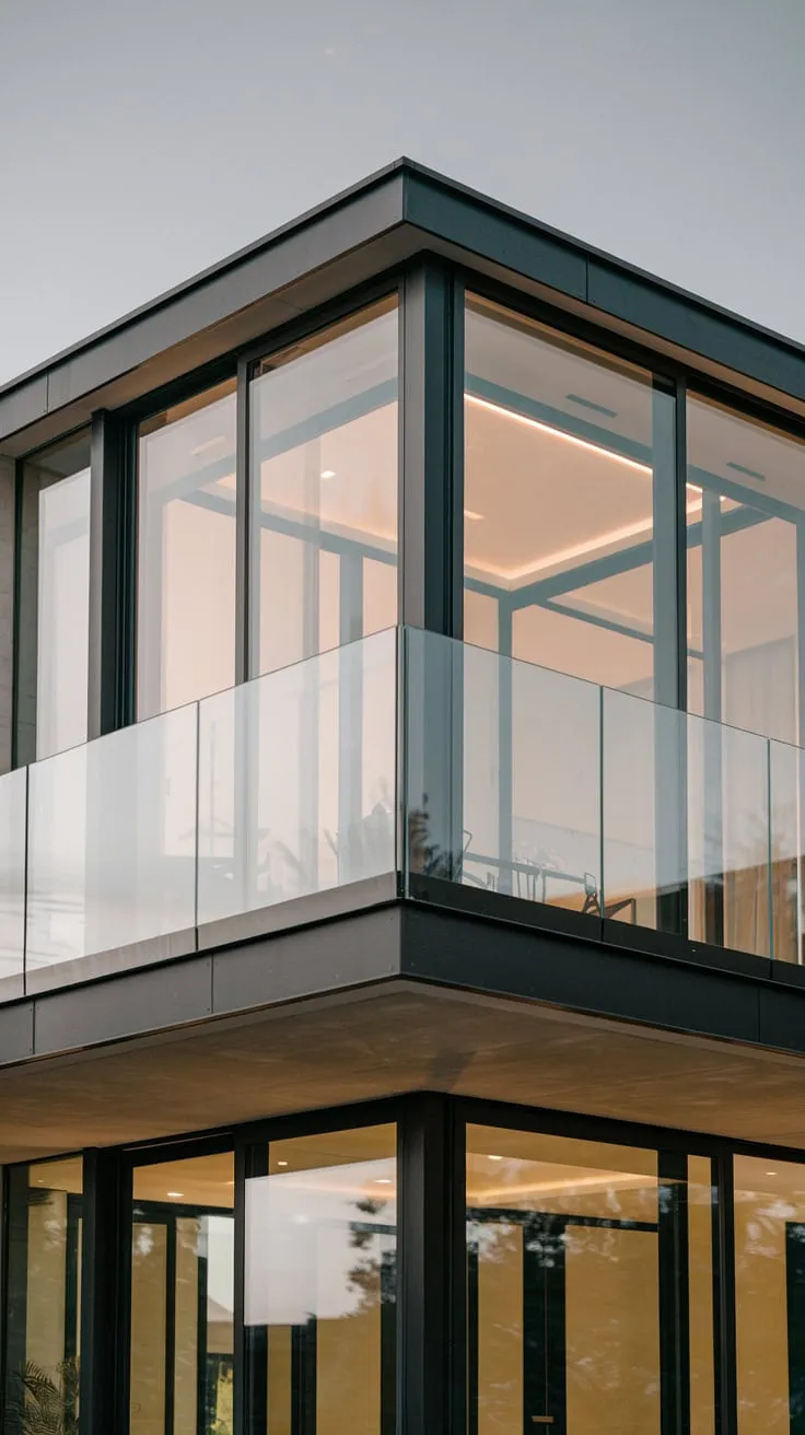 Soft night light illuminates your sleek glass-and-concrete home, its second-story balcony offering a clear view through the floor-to-ceiling glass railing