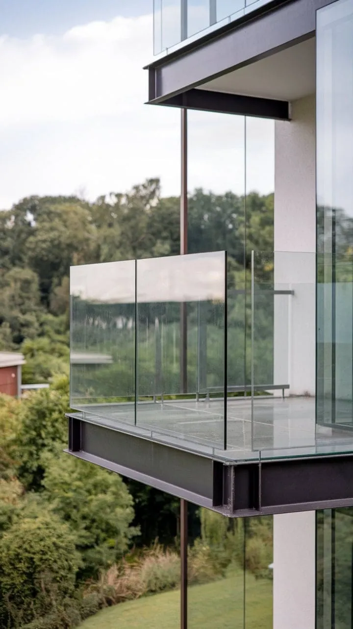 This modern balcony, with its frameless glass railing and floor, creates a serene sanctuary that beautifully merges city life with nature's breathtaking views.