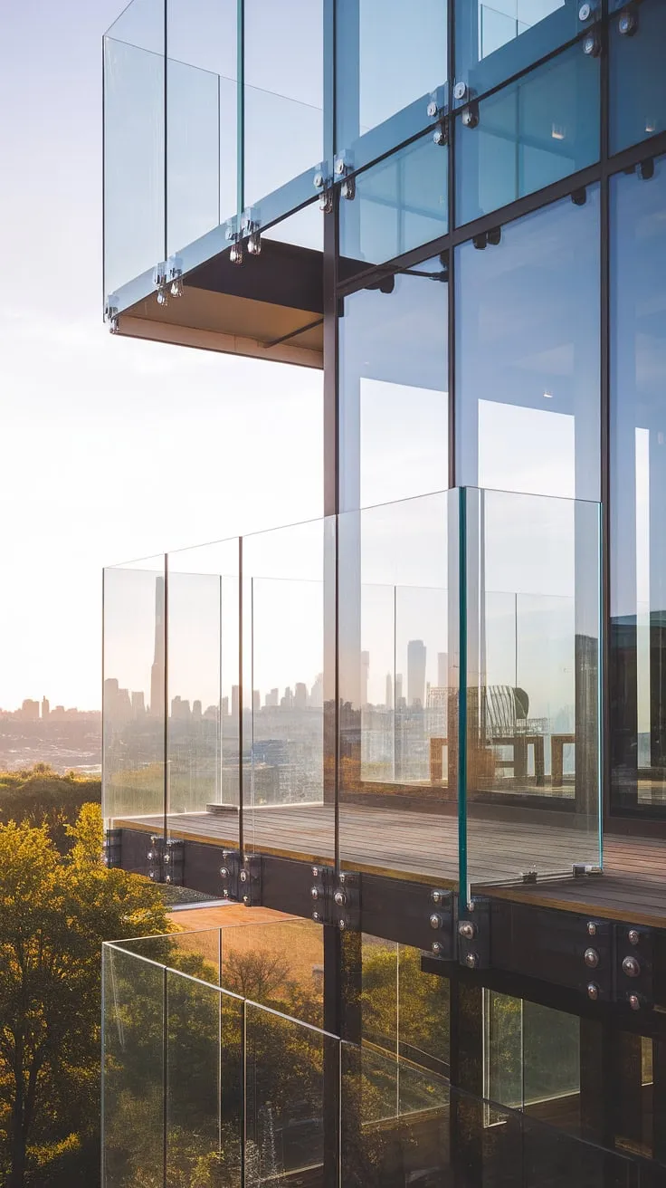 Experience breathtaking panoramic views with this stunning tempered glass balcony. The glass partitions and glass fencing create a seamless glass terrace railing, while the safety glass for balconies ensures peace of mind. This modern glass design, featuring a glass enclosure and balcony glass wall, exemplifies sophisticated balcony glass design and a truly frameless glass balcony experience.