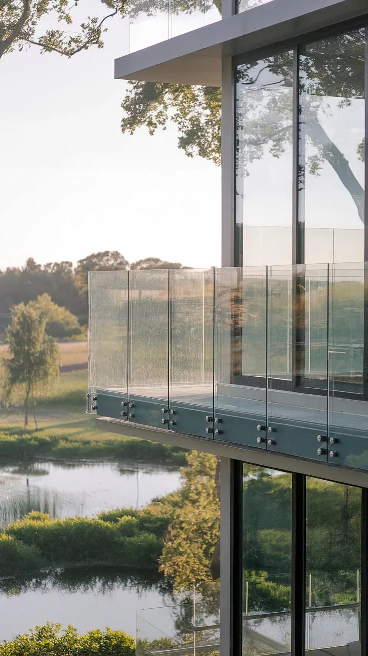 Uninterrupted views and modern elegance define this frameless glass balcony.  The tempered glass panels of the glass balustrade and glass fencing create a seamless transition between indoor and outdoor living, offering a stunning panorama of the serene landscape below.  This balcony glass design, with its safety glass for balconies and innovative glass partitions, is the epitome of modern glass design.  The glass terrace railing and outdoor glass railing provide a secure and stylish glass enclosure.