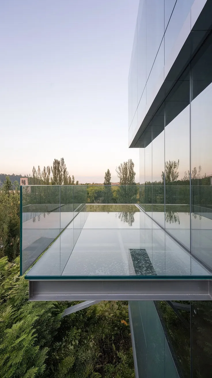 Suspended high above the lush landscape, this modern glass balcony offers breathtaking views.  The frameless glass balcony design, featuring tempered glass panels and a sleek glass balustrade, creates a seamless transition between indoor and outdoor living.  The safety glass for balconies ensures both stunning aesthetics and peace of mind, while the glass partitions and outdoor glass railing complete this exceptional balcony glass design.  A testament to modern glass design, this glass enclosure is the epitome of sophisticated outdoor living.