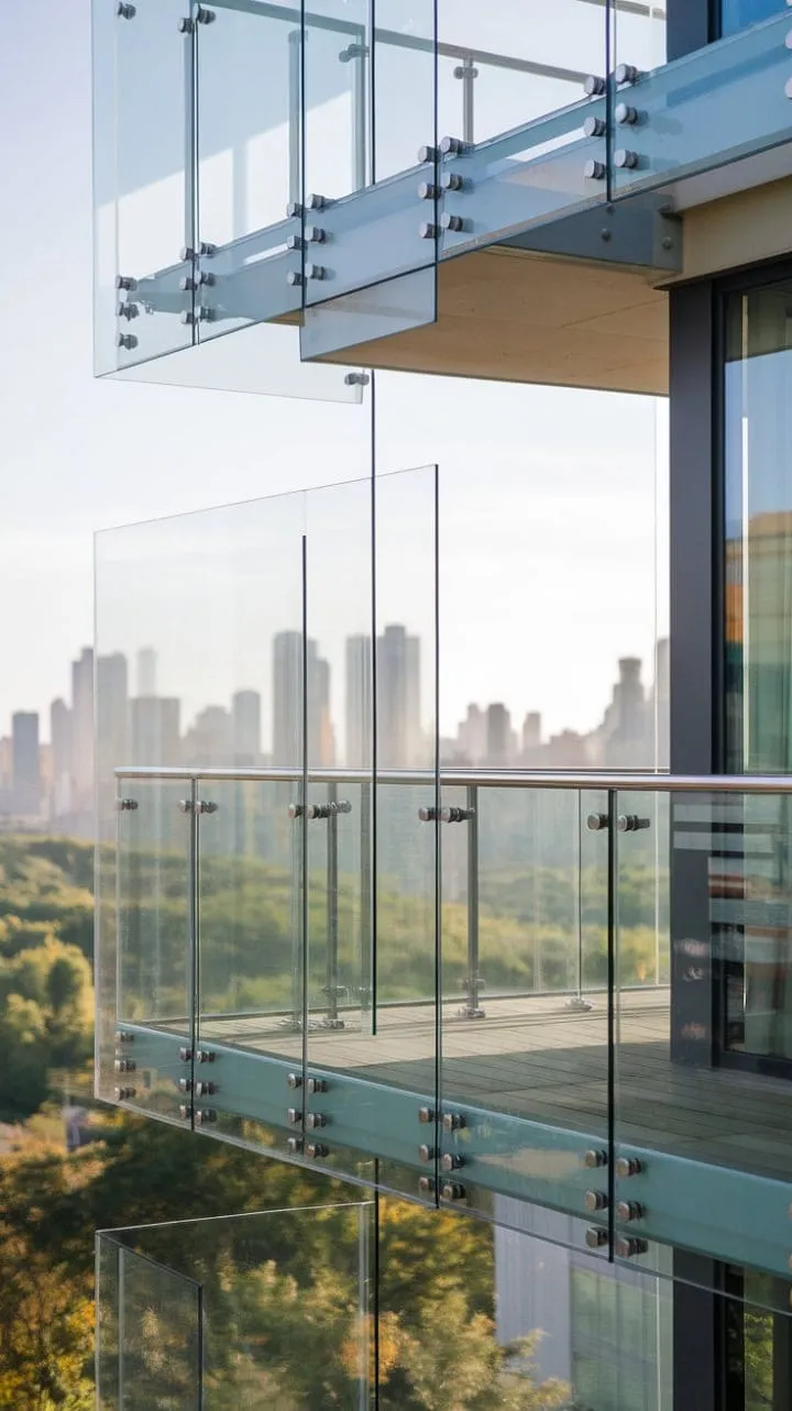 A stunning blend of sophistication and luxury, the seamless glass railing showcases breathtaking panoramic views of the city skyline in modern architecture.