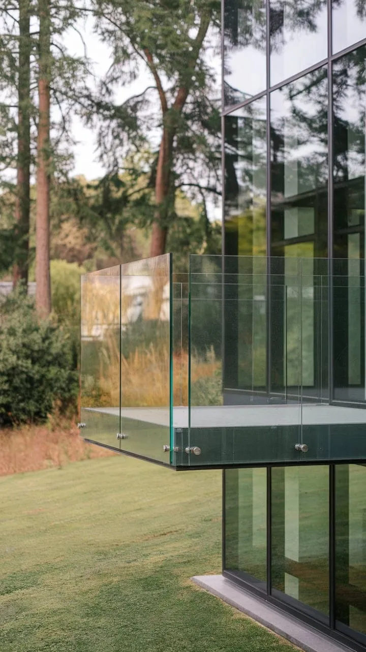 This sleek glass and steel balcony seamlessly merges modern design with nature, inviting you to savor serene outdoor views.