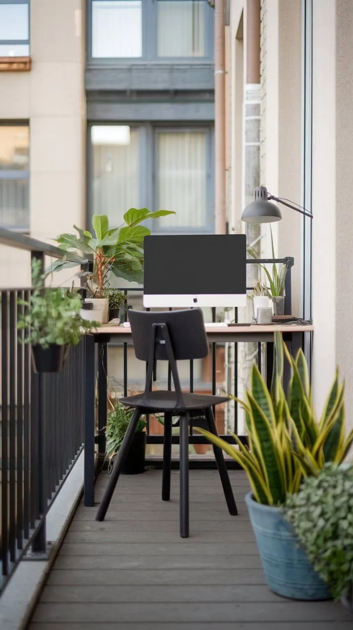 This minimalist balcony office transforms remote work into a serene blend of indoor comfort and outdoor inspiration, all under the glow of natural light.