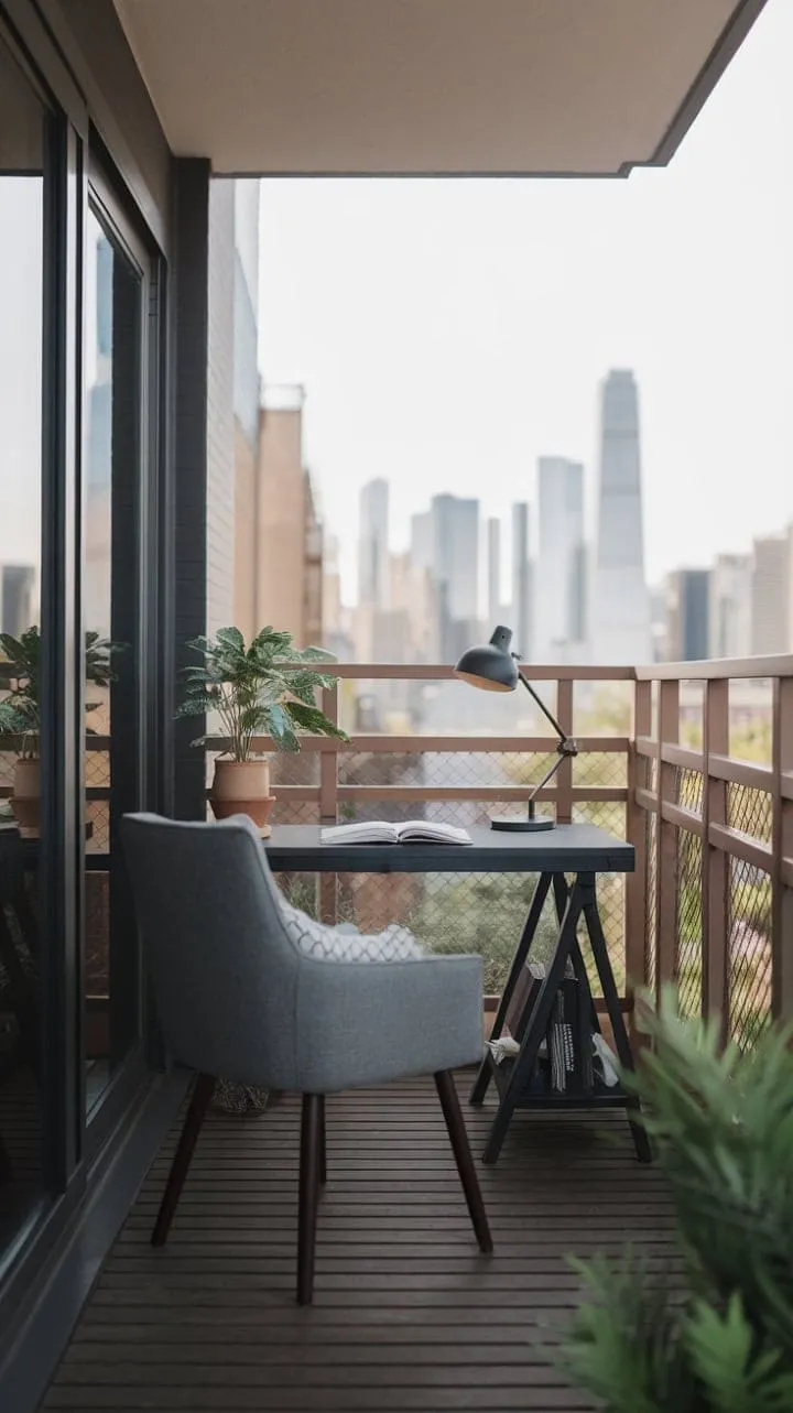 An urban sanctuary, this minimalist balcony office harmoniously blends comfort and inspiration, transforming the daily grind into a serene skyline escape.