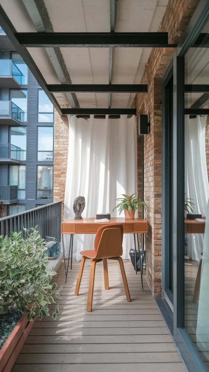 My balcony office blends rustic charm with modern design, creating a serene urban sanctuary for productivity and inspiration.