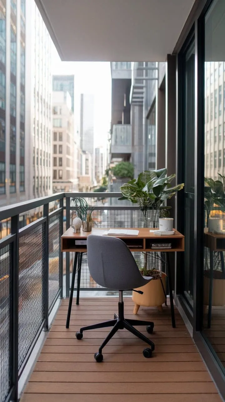 Transform your workday with a serene balcony office that harmoniously blends minimalist design, greenery, and the vibrant city backdrop for ultimate productivity and peace.