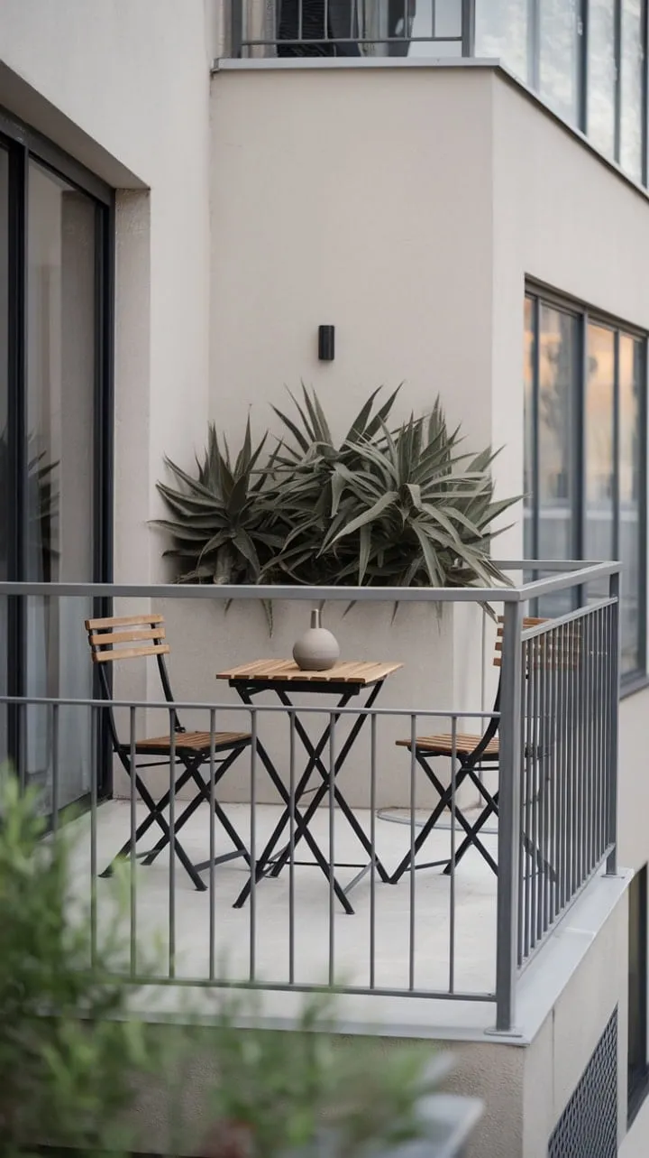 This minimalist balcony transforms urban living into a tranquil oasis, featuring cozy seating and a lively potted plant for the ultimate city escape.