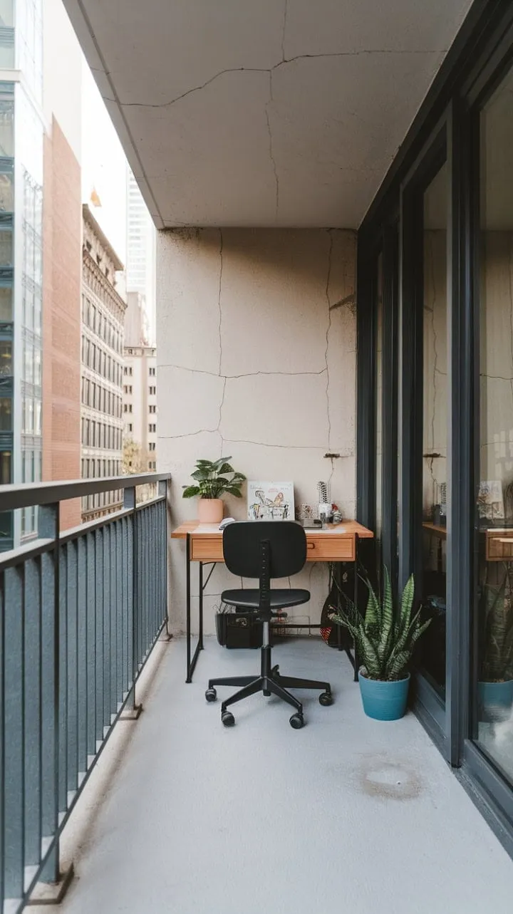 A serene minimalist workspace high above the bustling city embodies the harmony of functional design amidst urban chaos.
