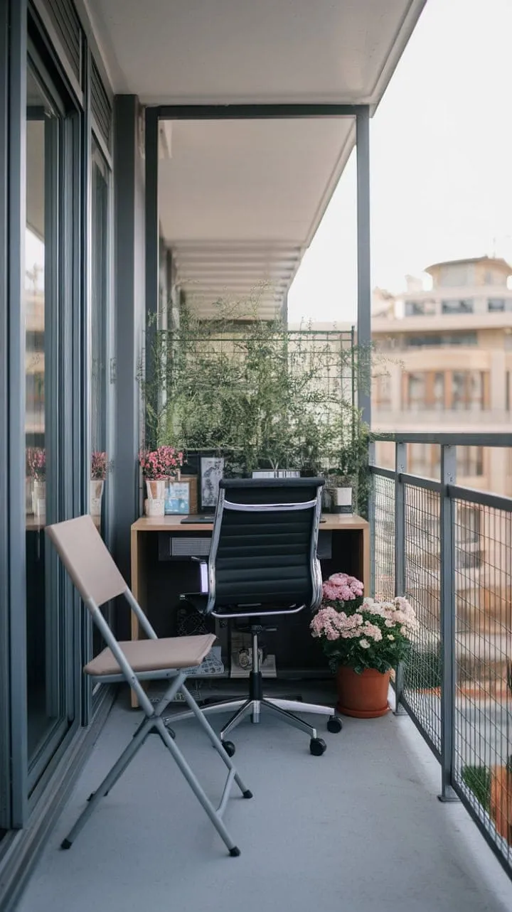 My balcony office, a minimalist sanctuary with a calming plant and a comfy chair, offers the perfect urban escape for focused creativity.