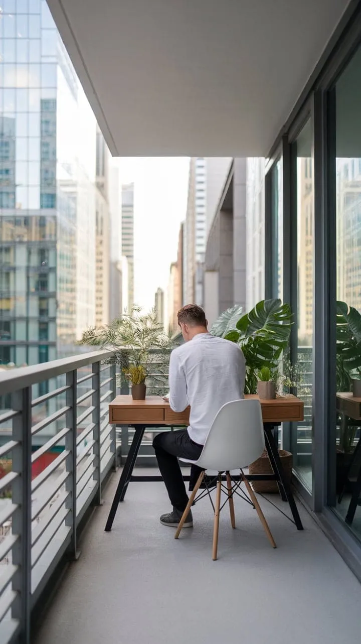This modern balcony office, with its minimalist wooden desk and lush greenery, transforms a breathtaking cityscape into a serene sanctuary for productivity and inspiration.
