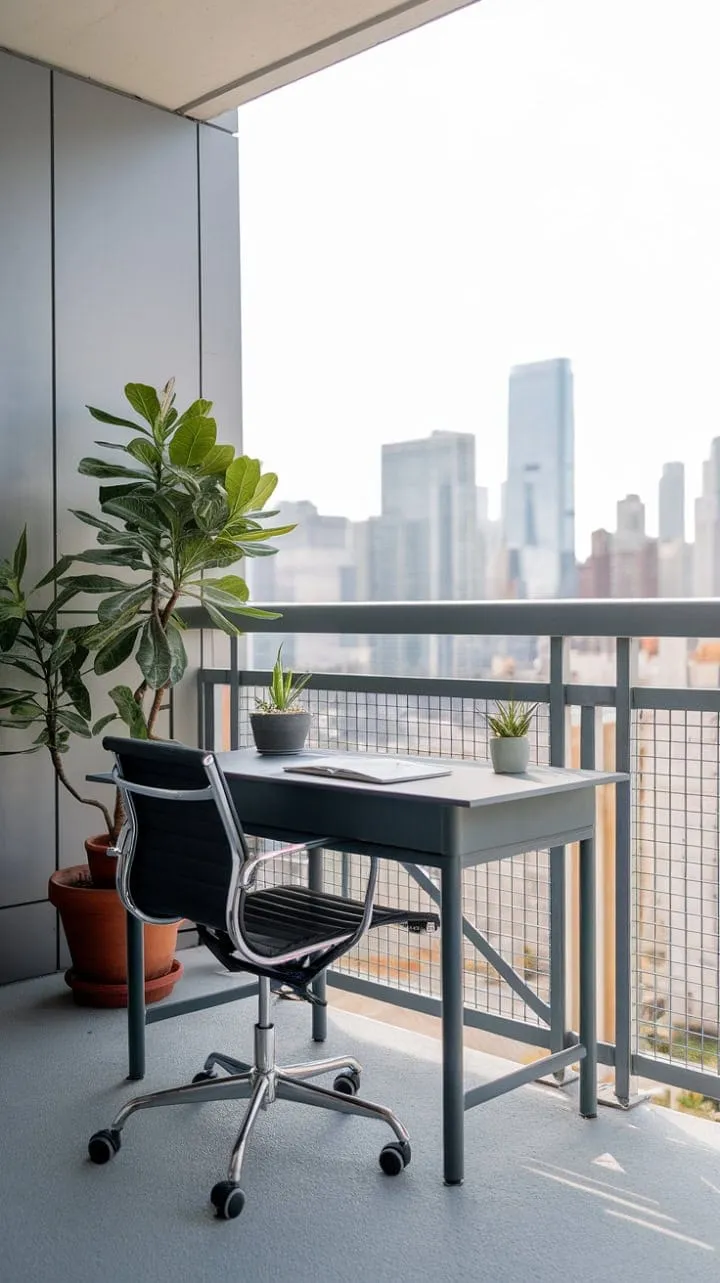 Experience productivity with a stunning view in this modern balcony office, where urban energy meets serene greenery.