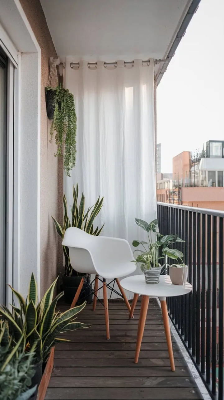 This serene white-washed balcony office, adorned with lush greenery and a sweeping horizon view, embodies the essence of modern work-life harmony through thoughtful design.
