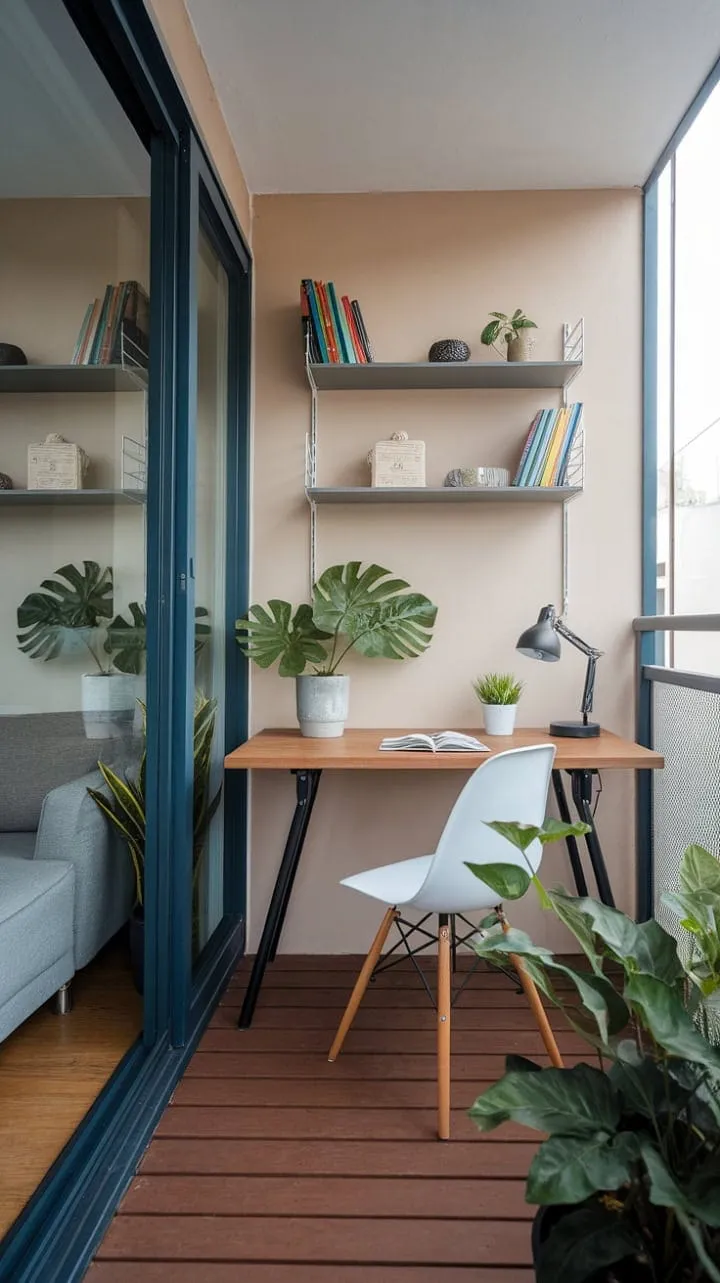 Transform your work routine with a serene balcony workspace that harmoniously fuses indoor comfort and outdoor beauty, igniting productivity and inspiration.