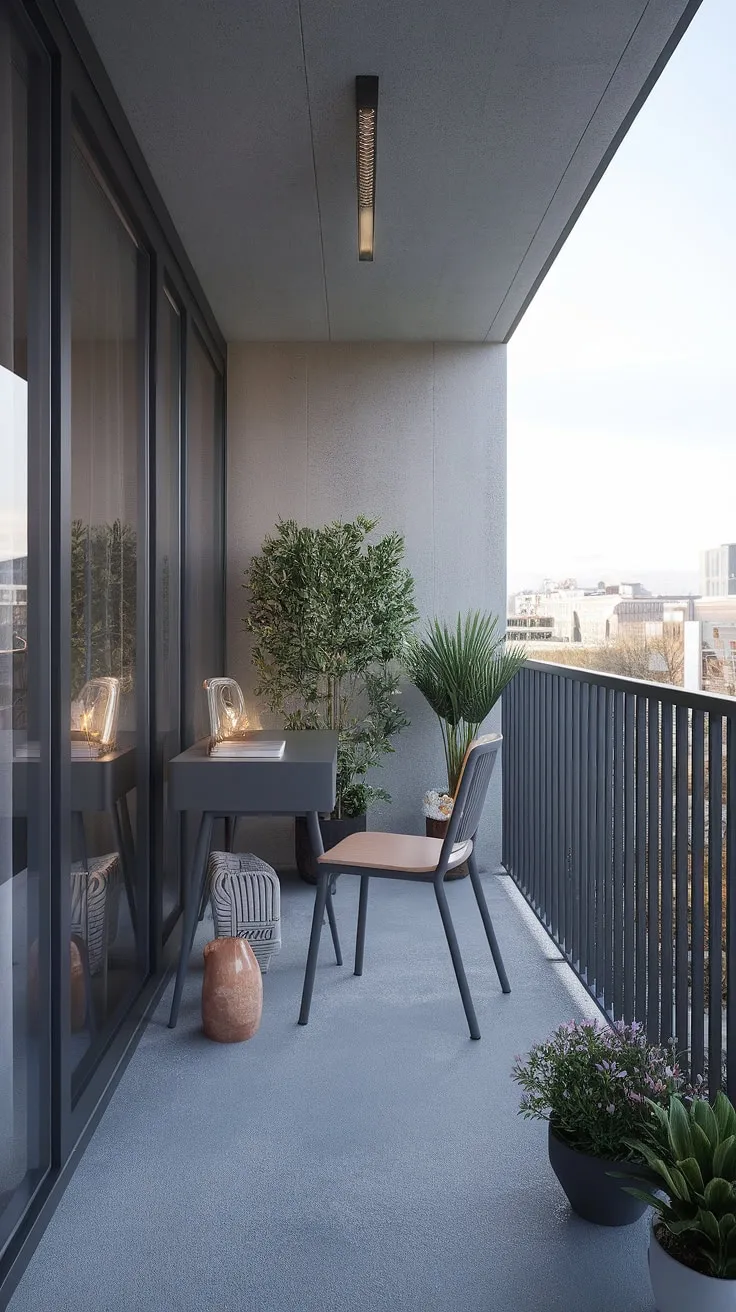 A minimalist balcony design showcasing the beauty of urban living. A small workspace, a touch of greenery, and the stunning city view create a serene and inspiring atmosphere. A testament to how even a small space can be transformed into a personal oasis. A truly inspiring retreat.