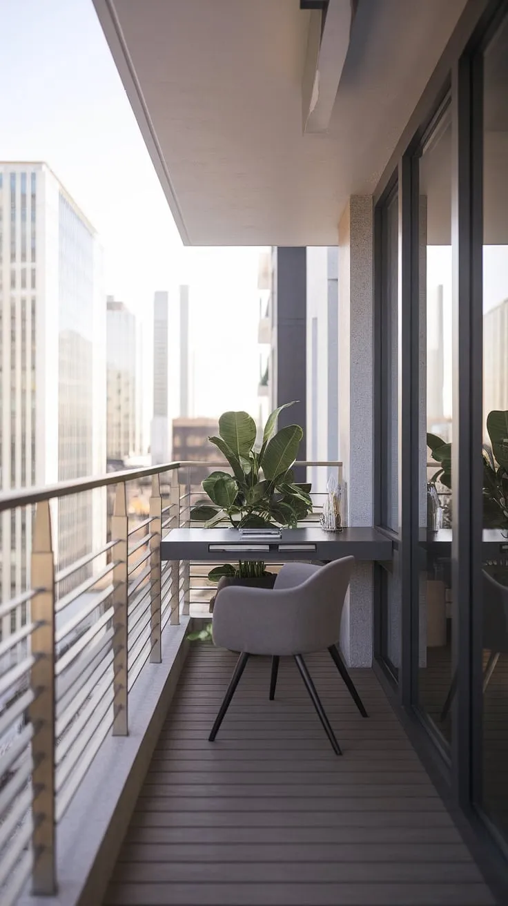 Escape the everyday grind in this minimalist balcony office. A serene workspace overlooking the city, complete with a sleek desk, comfortable chair, and a touch of nature. A perfect blend of productivity and tranquility.