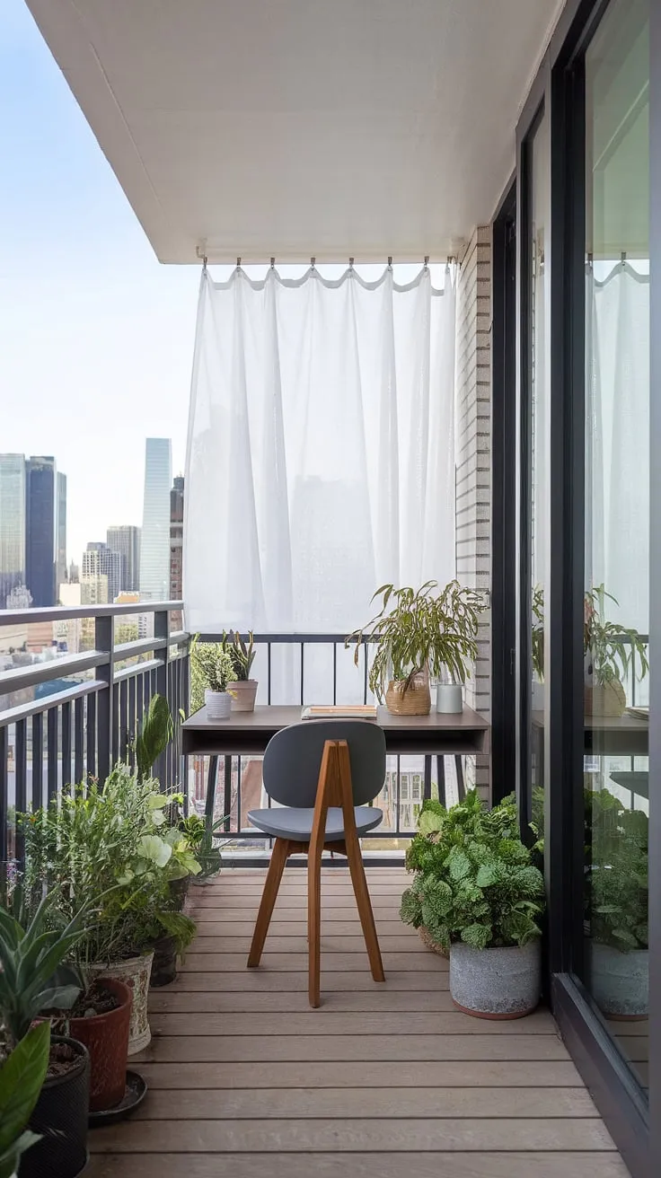 Escape the everyday grind with this inspiring balcony office setup. A minimalist desk, comfortable chair, and lush greenery create a productive haven overlooking the breathtaking city skyline. A simple white curtain provides the perfect amount of shade, transforming this outdoor space into a tranquil workspace.