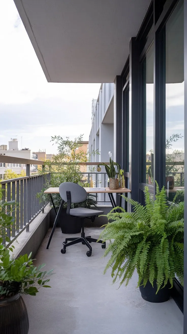A minimalist balcony office, a testament to efficient design. A workspace that prioritizes both functionality and aesthetics, offering a refreshing perspective on remote work. A breath of fresh air, literally.