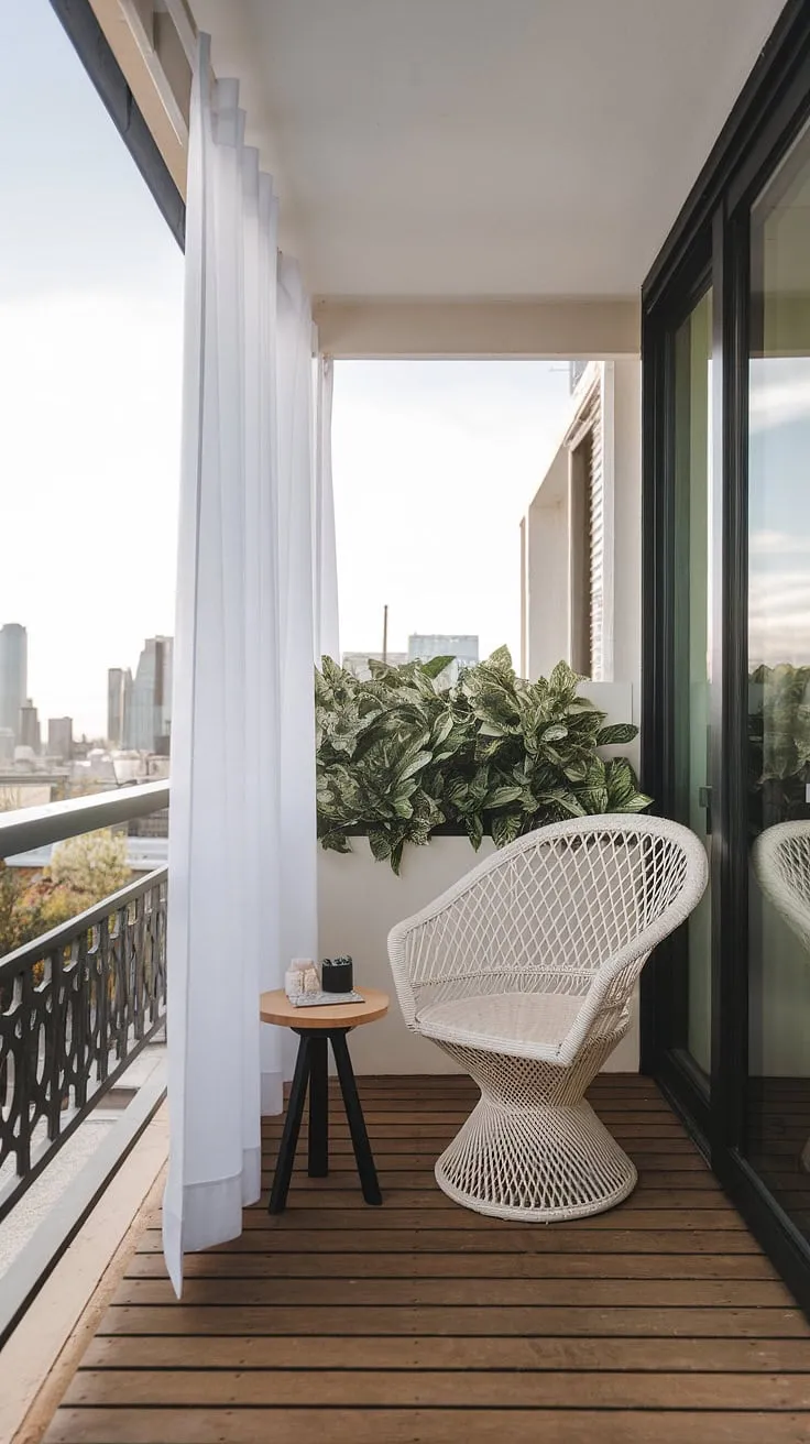 Sunlight streams into this inspiring outdoor office, a haven of productivity. A simple yet elegant setup with a white wicker chair and small wooden table, complemented by a vibrant green plant, offers a stunning city view beyond the white curtain, creating the perfect a workspace.