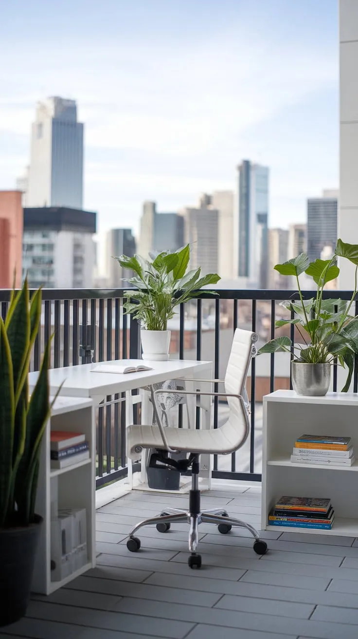 Escape the ordinary. A serene workspace awaits on this city balcony. The sleek white desk, comfortable chair, and carefully chosen plants create a haven of calm amidst the urban hustle. A productive sanctuary where inspiration meets breathtaking views.